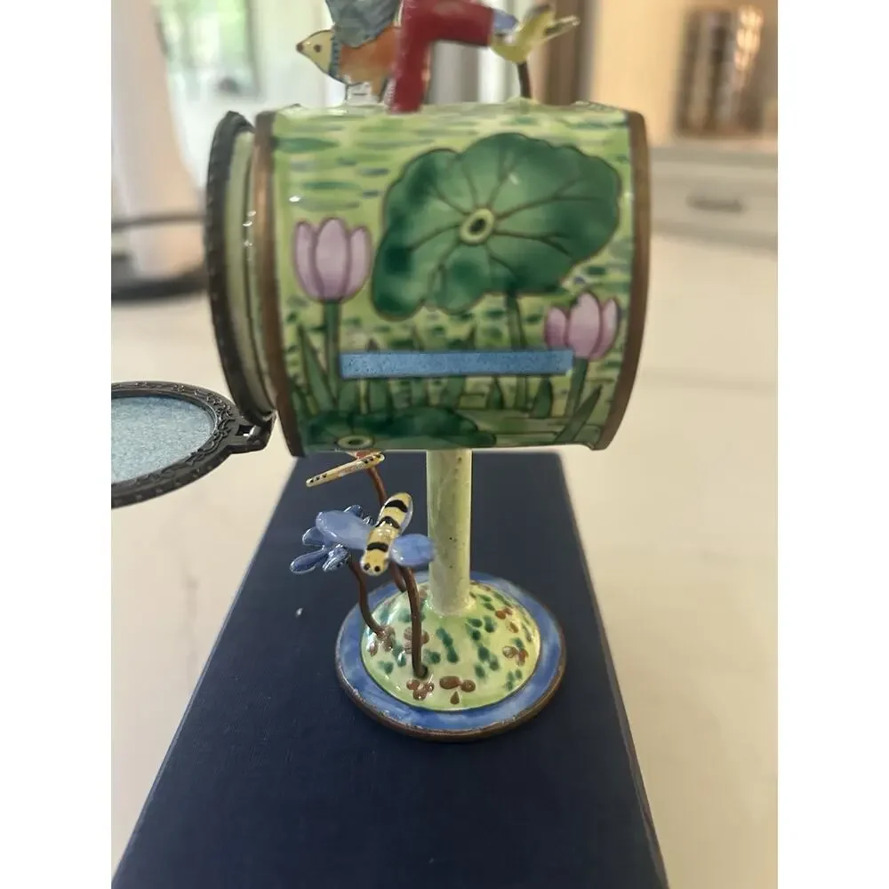 Vtg 2001 Kelvin Chen Box Frog Stamps Mailbox Lilly Pad Bird Bee Trinket Box Slot